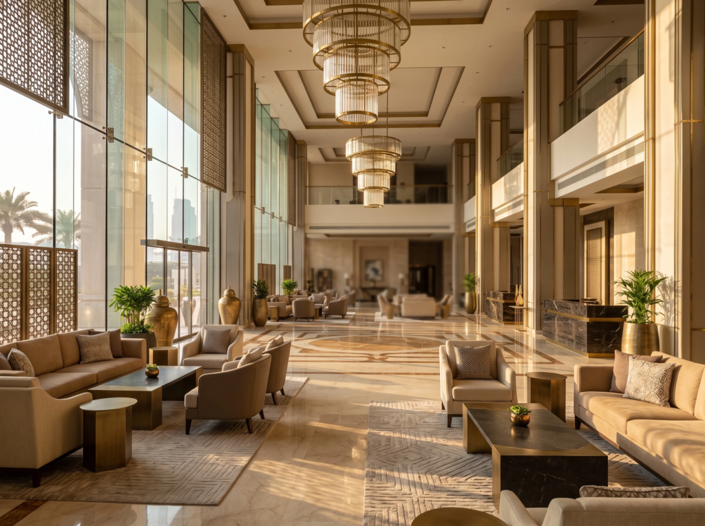 Luxury Dubai hotel lobby interior where hospitality grade fragrance systems operate continuously