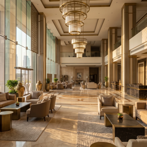 Luxury Dubai hotel lobby interior where hospitality grade fragrance systems operate continuously